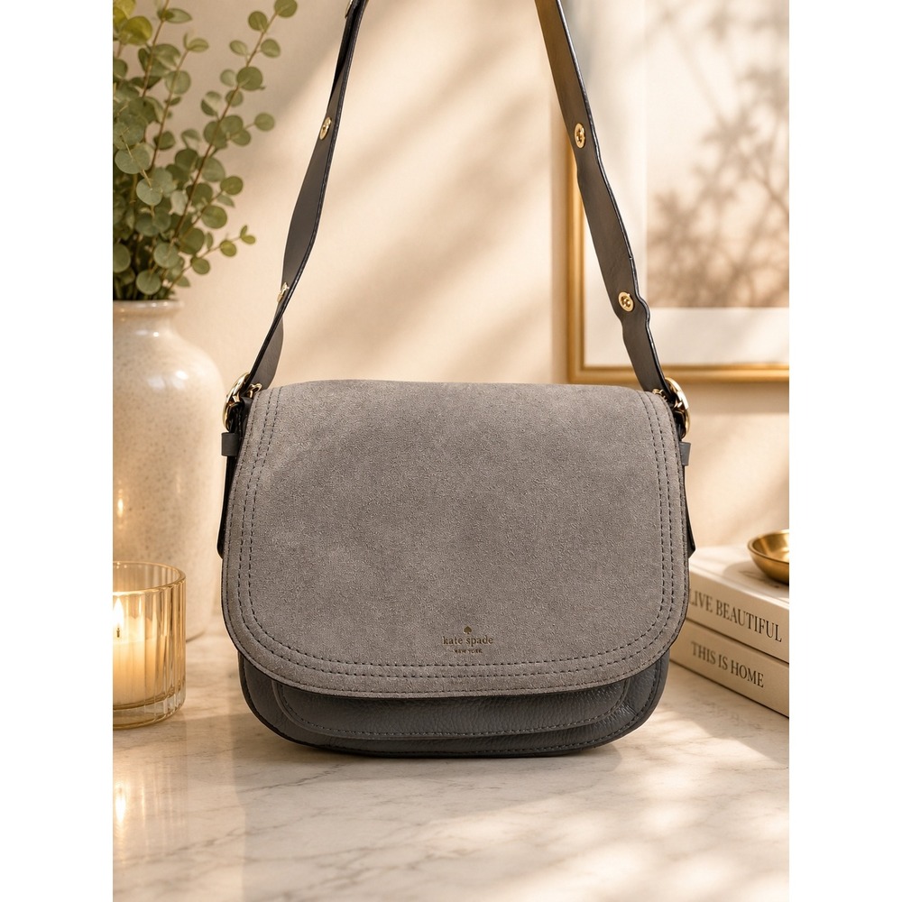 Kate Spade Grey Pebbled Leather and Suede Flap Crossbody Shoulder Bag